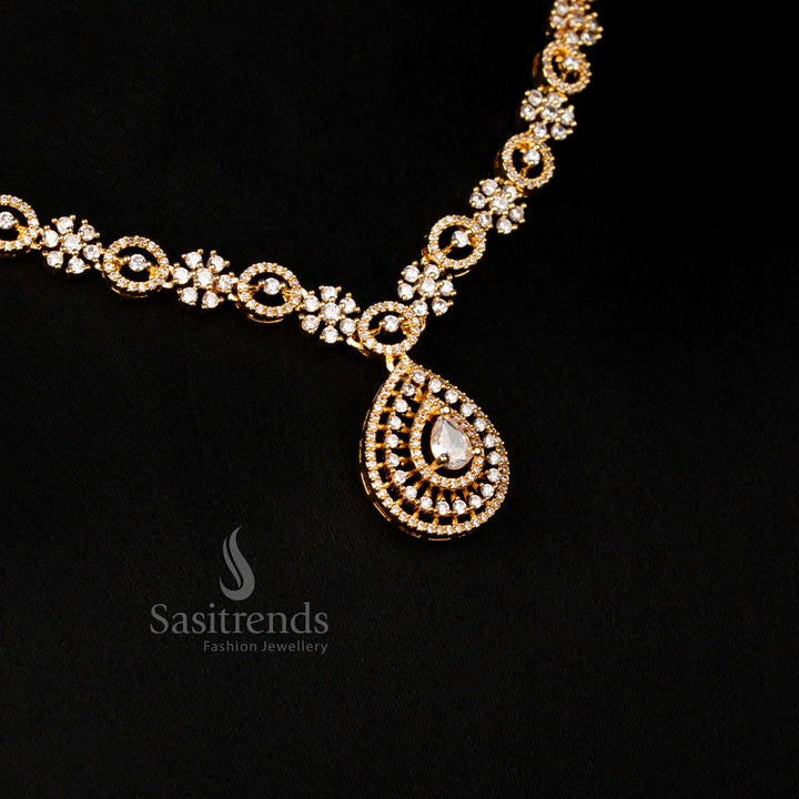 Elegant American Diamond gold plated teardrop long white necklace jewellery set giving party classic look and sophisticated charm – Sasitrends