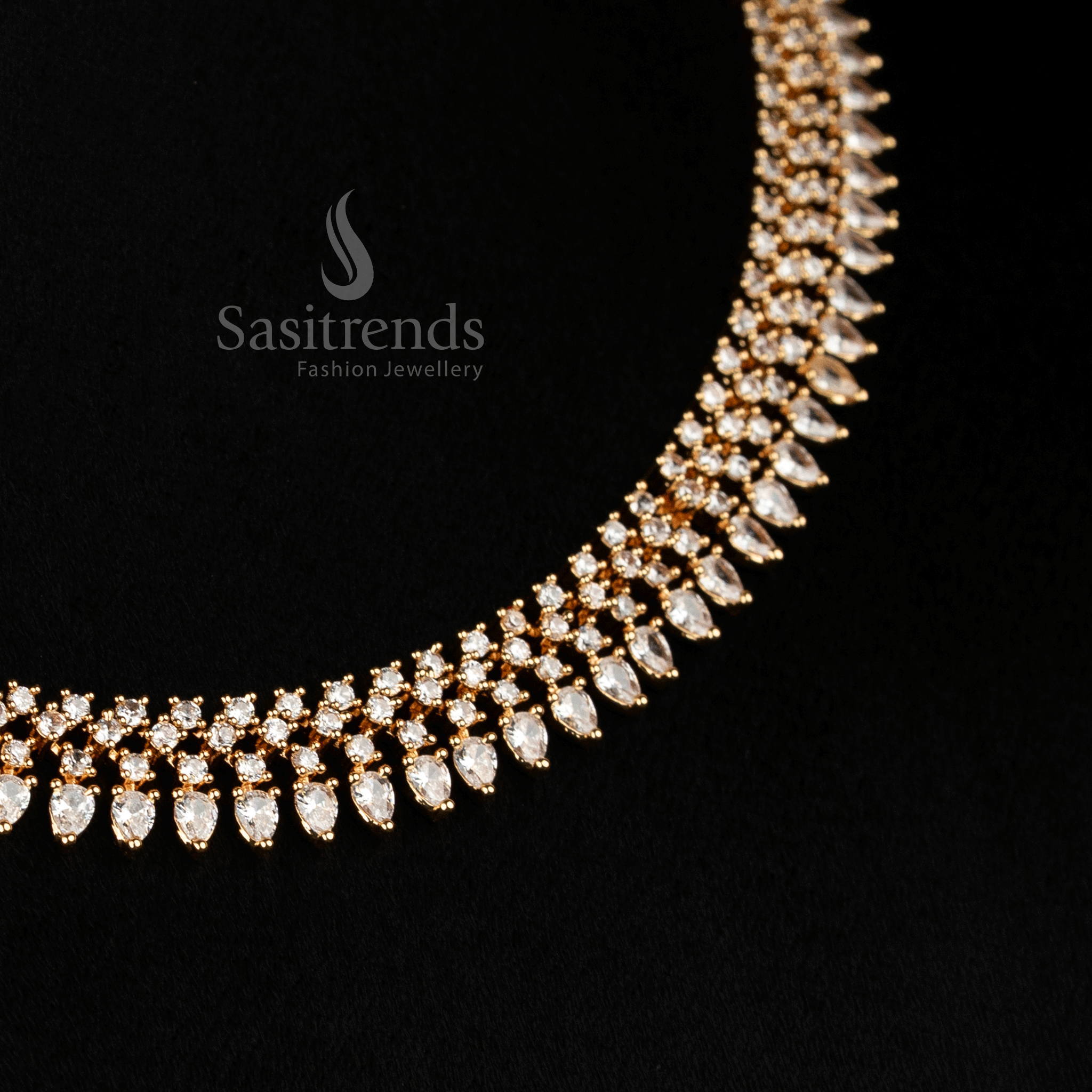 Ethereal American Diamond micro gold plated necklace set adorned with white marquise teardrop stones, designed to create splendid presence for high-class occasion wear – Sasitrends