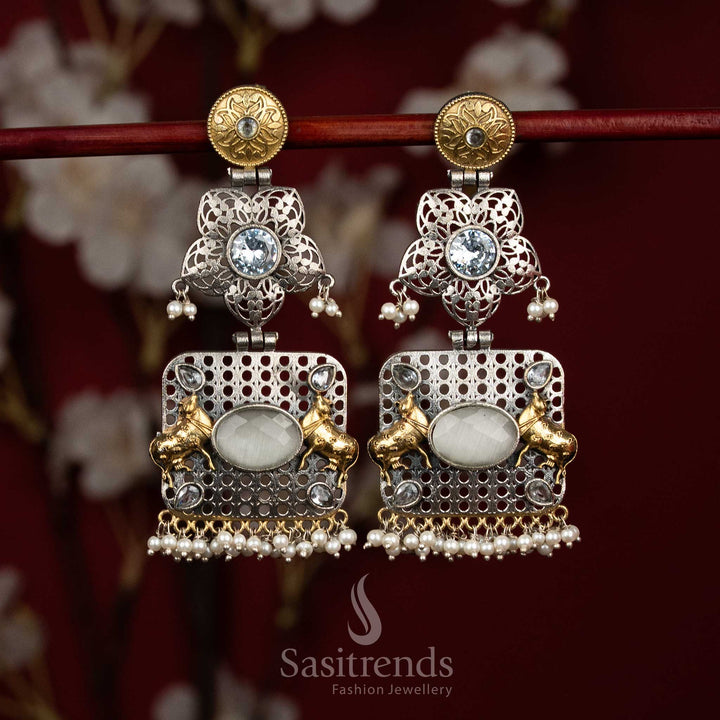 Delicate heritage oxidised silver white floral mandala Nandi bull panel earrings with oval Monalisa stone pearl drops for festive - jewellery - Sasitrends