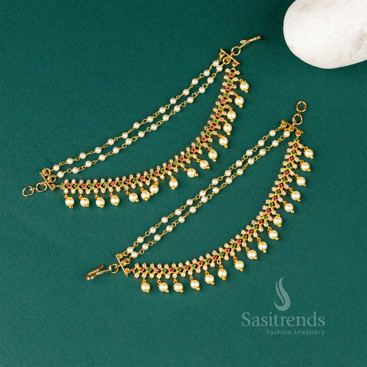 Majestic Micro Gold Plated AD Stone Pearl Matil Ear Chain, Artisan Handcrafted Ornament Specially Designed For Women’s Grand Celebrations – Sasitrends