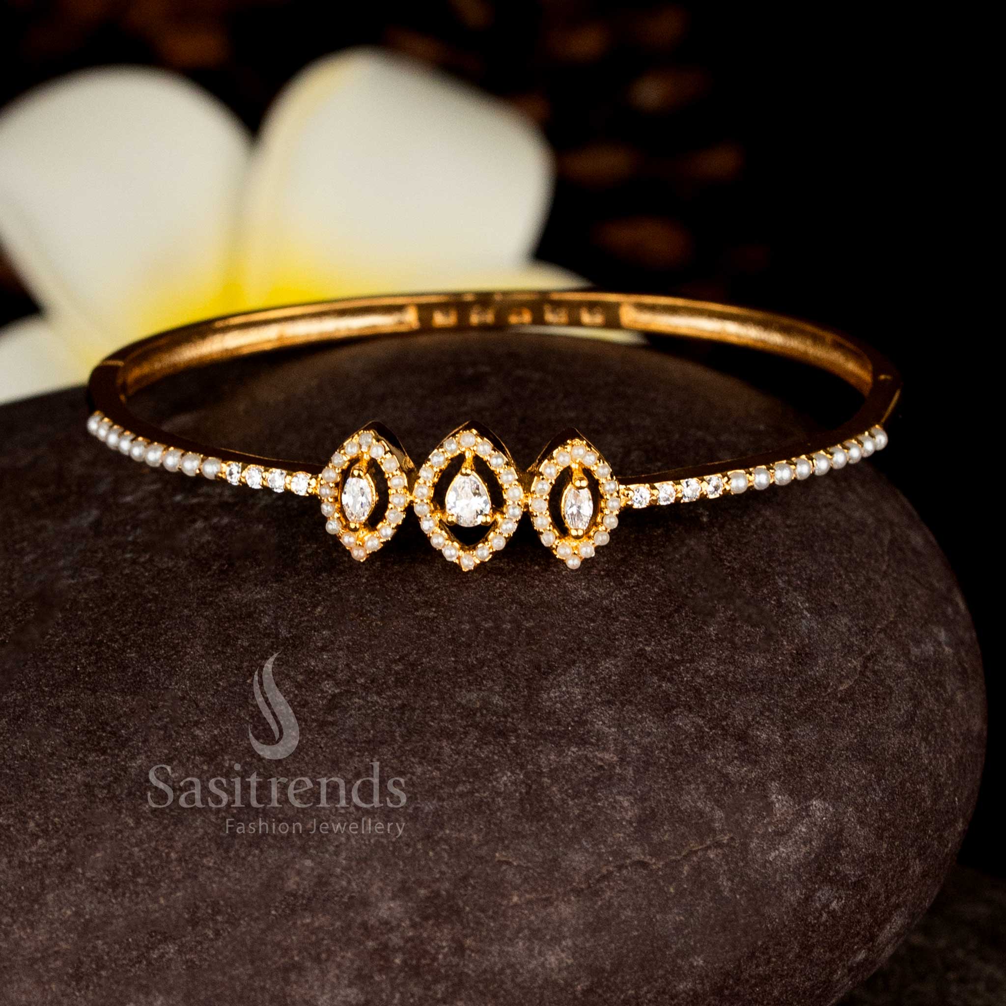Luminous pearl with white stones marquise oval AD stone openable bracelet bangle micro gold plated for festive radiance – Sasitrends