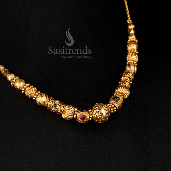 Ornate Temple Matte Gold Plated Ball Chain Necklace Crafted with Grand Detailing, Ideal for Traditional Festive Jewellery Collections – Sasitrends