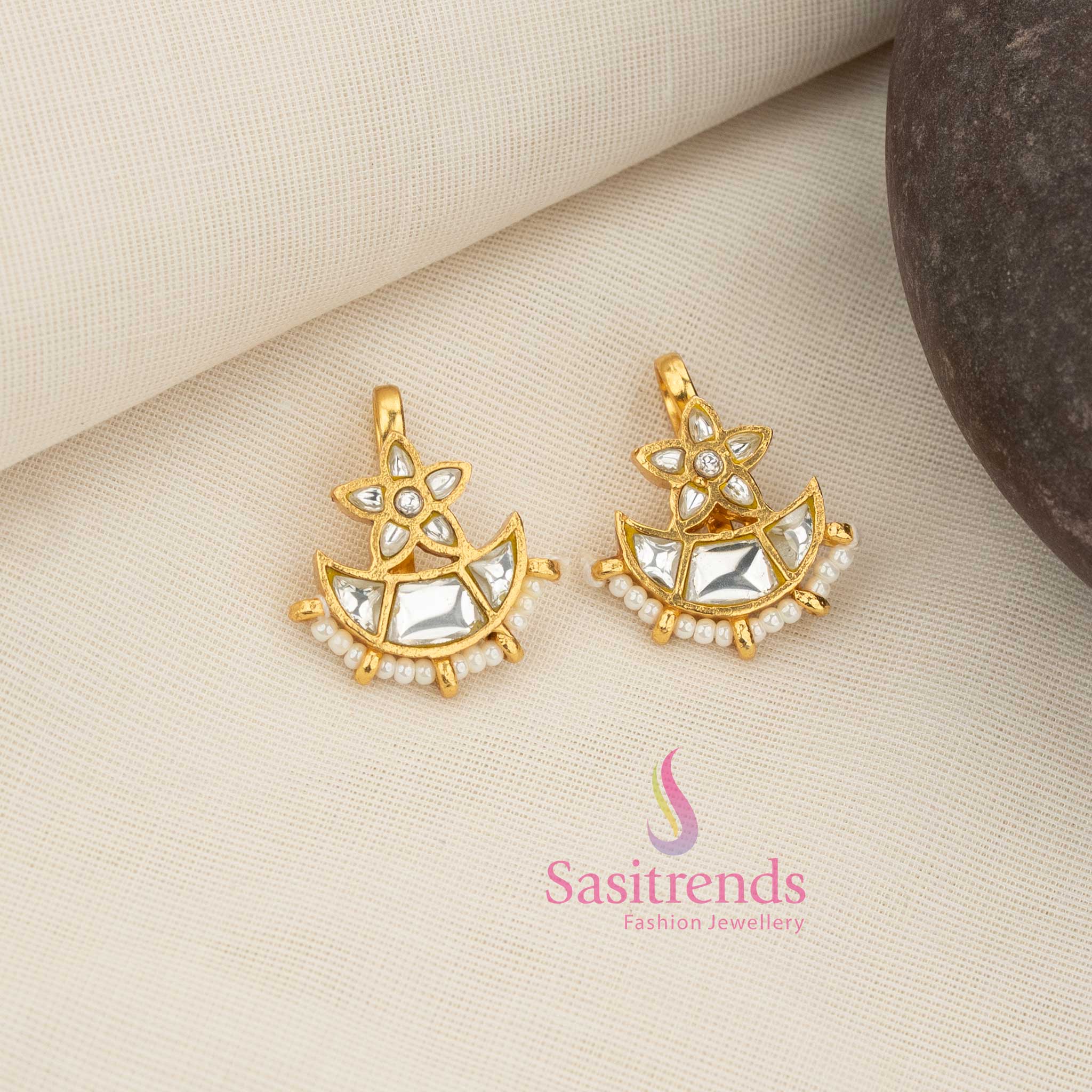 Majestic white 24K Jadau Kundan floral crest half moon bugadi earcuff earrings with elegant pearl detailing, suitable for refined festive gatherings and graceful cultural ensembles - Sasitrends