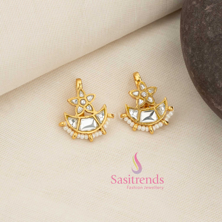Majestic white 24K Jadau Kundan floral crest half moon bugadi earcuff earrings with elegant pearl detailing, suitable for refined festive gatherings and graceful cultural ensembles - Sasitrends