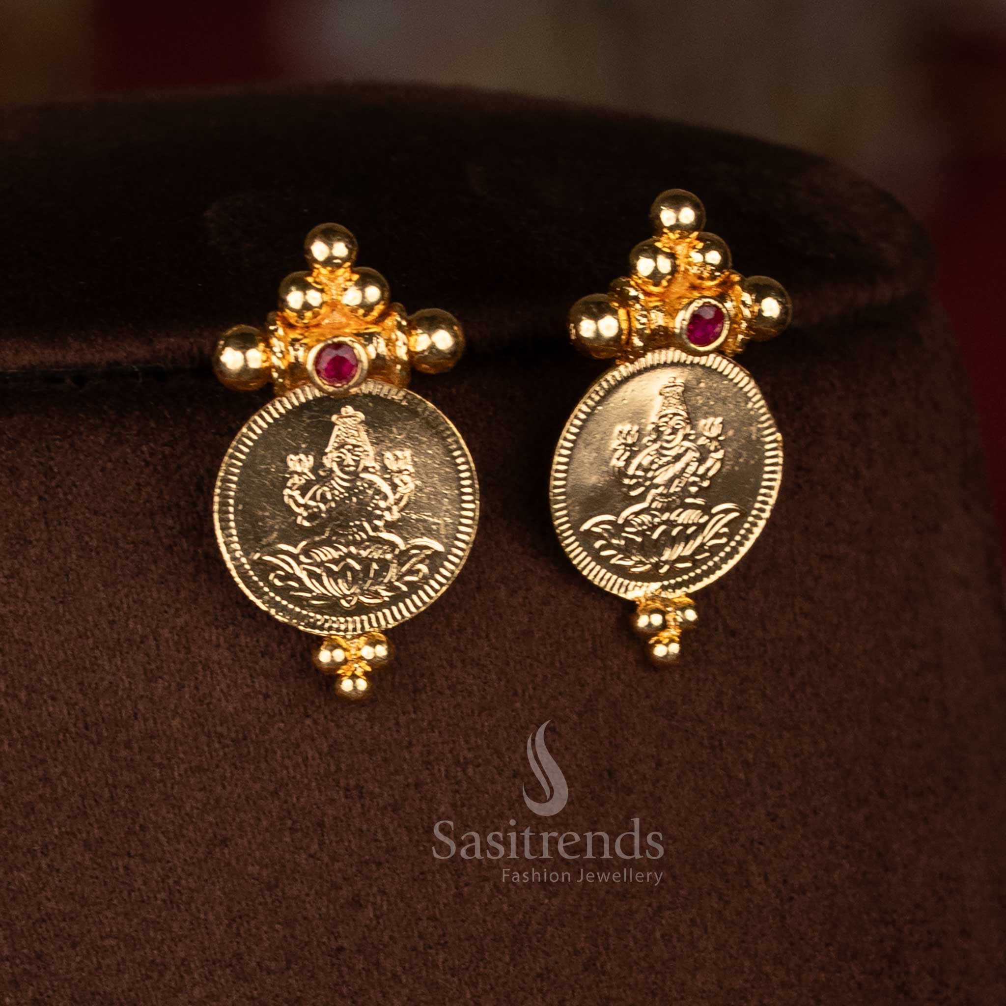 Spiritual opulence one gram micro gold plated Lakshmi coin pooja earrings with circular bead pattern for heritage jewellery - Sasitrends