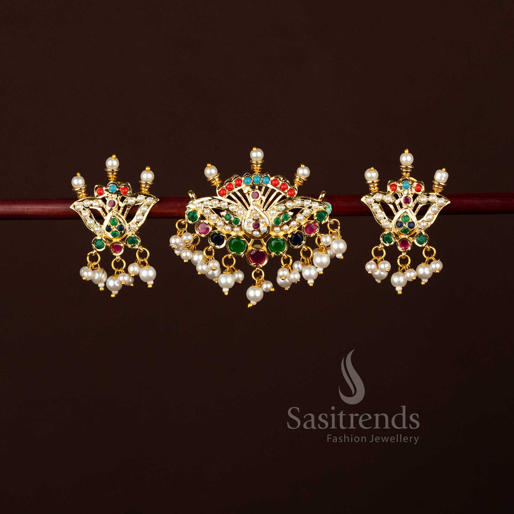 Regal pearl Navarathna Punjabi Jadau peacock stud with lotus pearl pendant earrings micro gold plated for festive and wedding occasions – Sasitrends