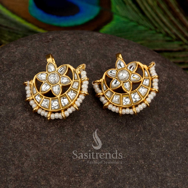 Auspicious white kundan jadau bugadi ear cuffs enhanced with pearls for sacred festivities - Sasitrends