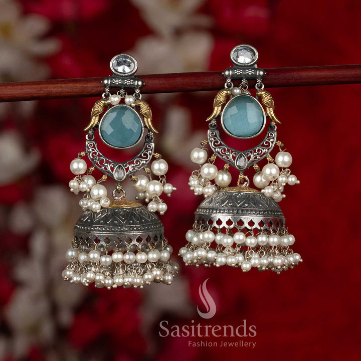 Ethereal dual tone 92.5 silver plated oxidised bird crescent dangler earrings SkyBlue-white colour for refined festive wear Sasitrends