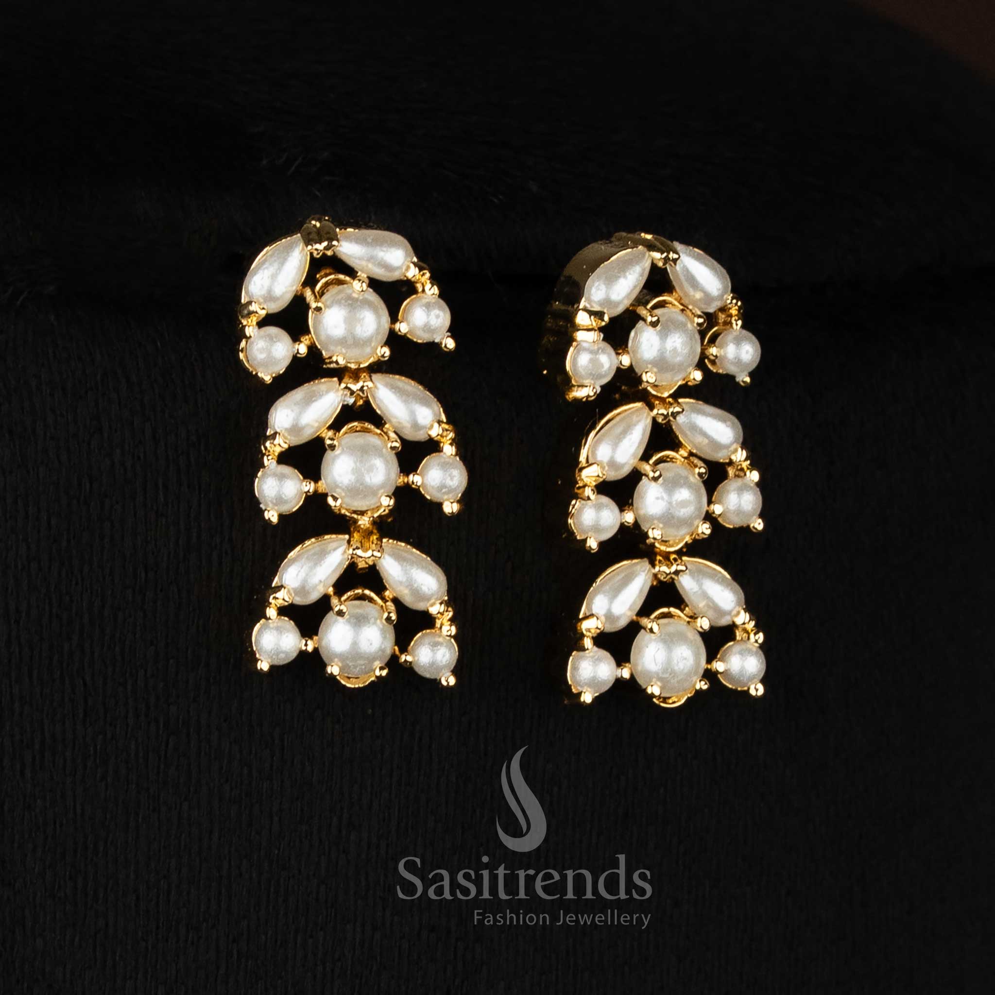 Moon Lustre designed micro gold plated pearl teardrop round crescent AD earrings enhanced with pearl accents for festive styling-Sasitrends