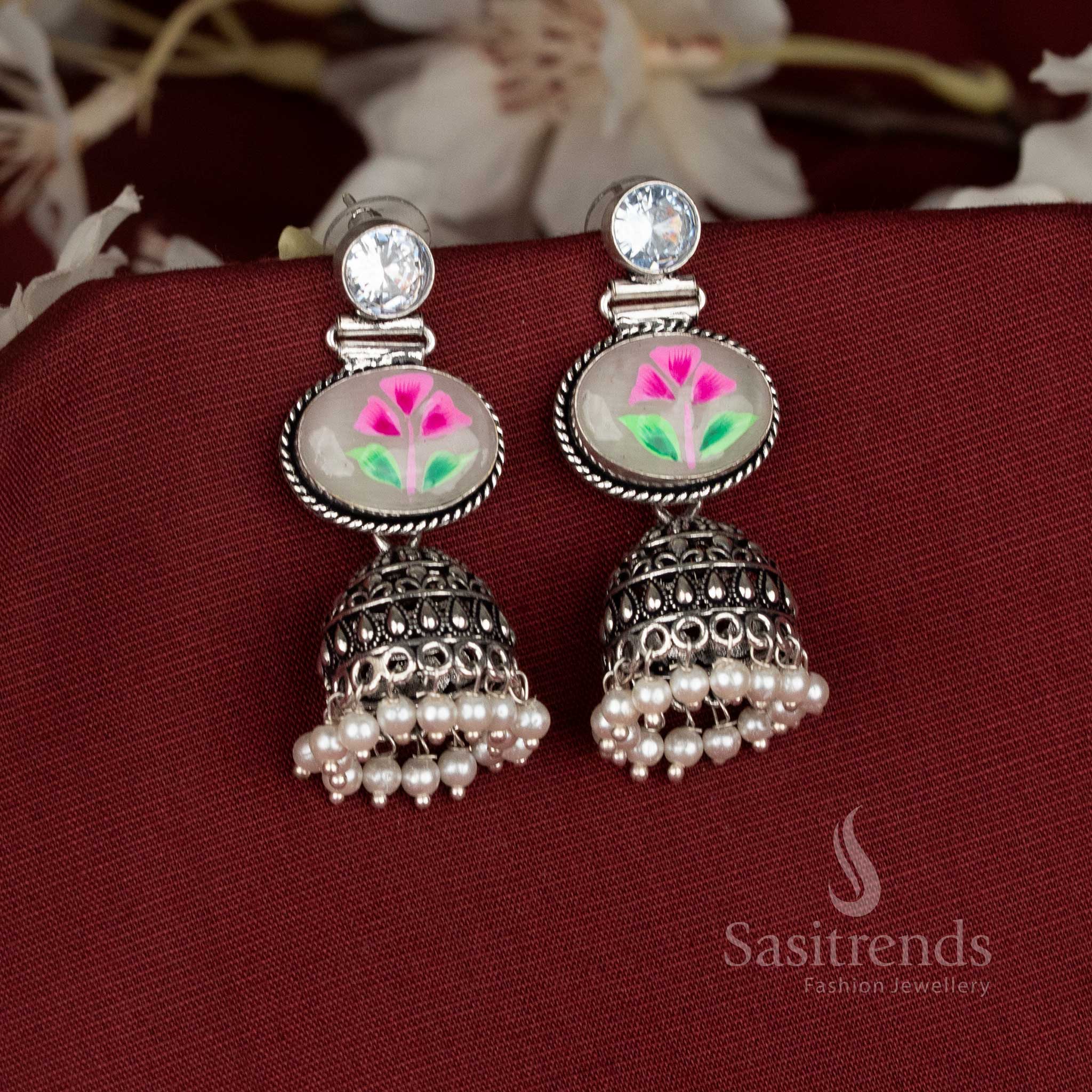 Pearlshine oxidised hand-painted jhumka earrings with white Monalisa oval stones for Navaratri and festive celebrations – Sasitrends