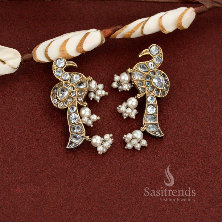 Ivory tranquil white antique oxidised peacock pearl drop stone earrings perfect for serene festive wear and cultural occasions – Sasitrends