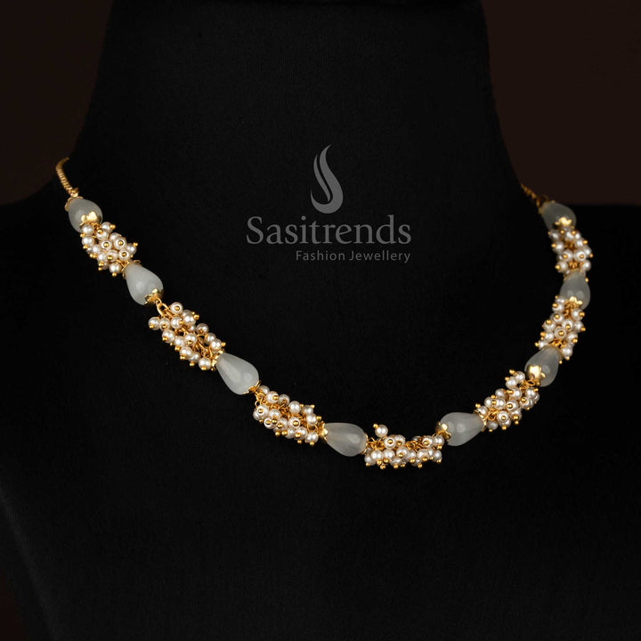Divine micro gold plated white beads pearl cluster mala necklace created for spiritual gatherings and pooja wear-Sasitrends