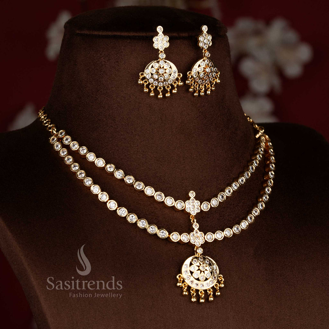 Luminous cultural white micro gold plated crescent floral round stone two tier attigai necklace for traditional opulence jewellery - Sasitrends