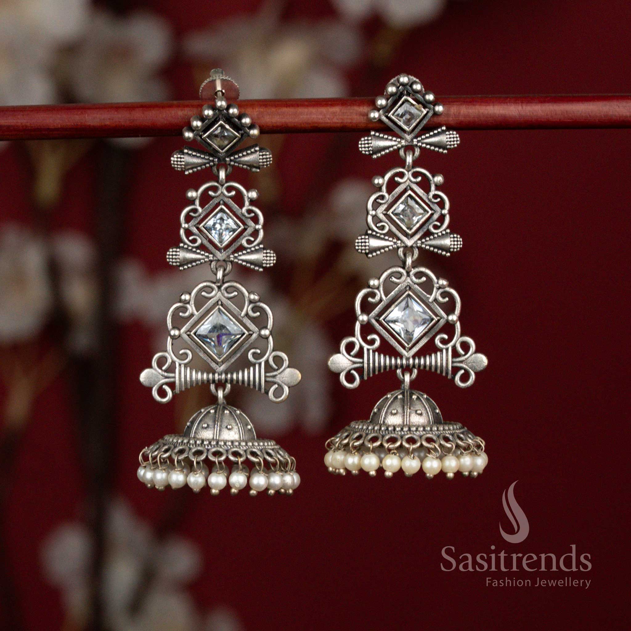 Ivory white antique oxidised 92.5 silver geometric stone long jhumka earrings with pearl hangings for ethnic wear - jewellery - Sasitrends