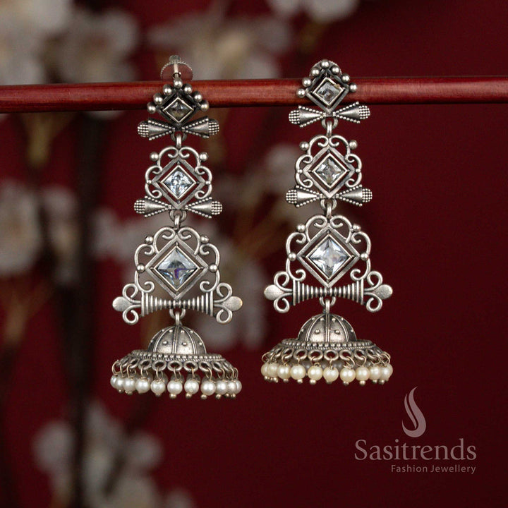 Ivory white antique oxidised 92.5 silver geometric stone long jhumka earrings with pearl hangings for ethnic wear - jewellery - Sasitrends