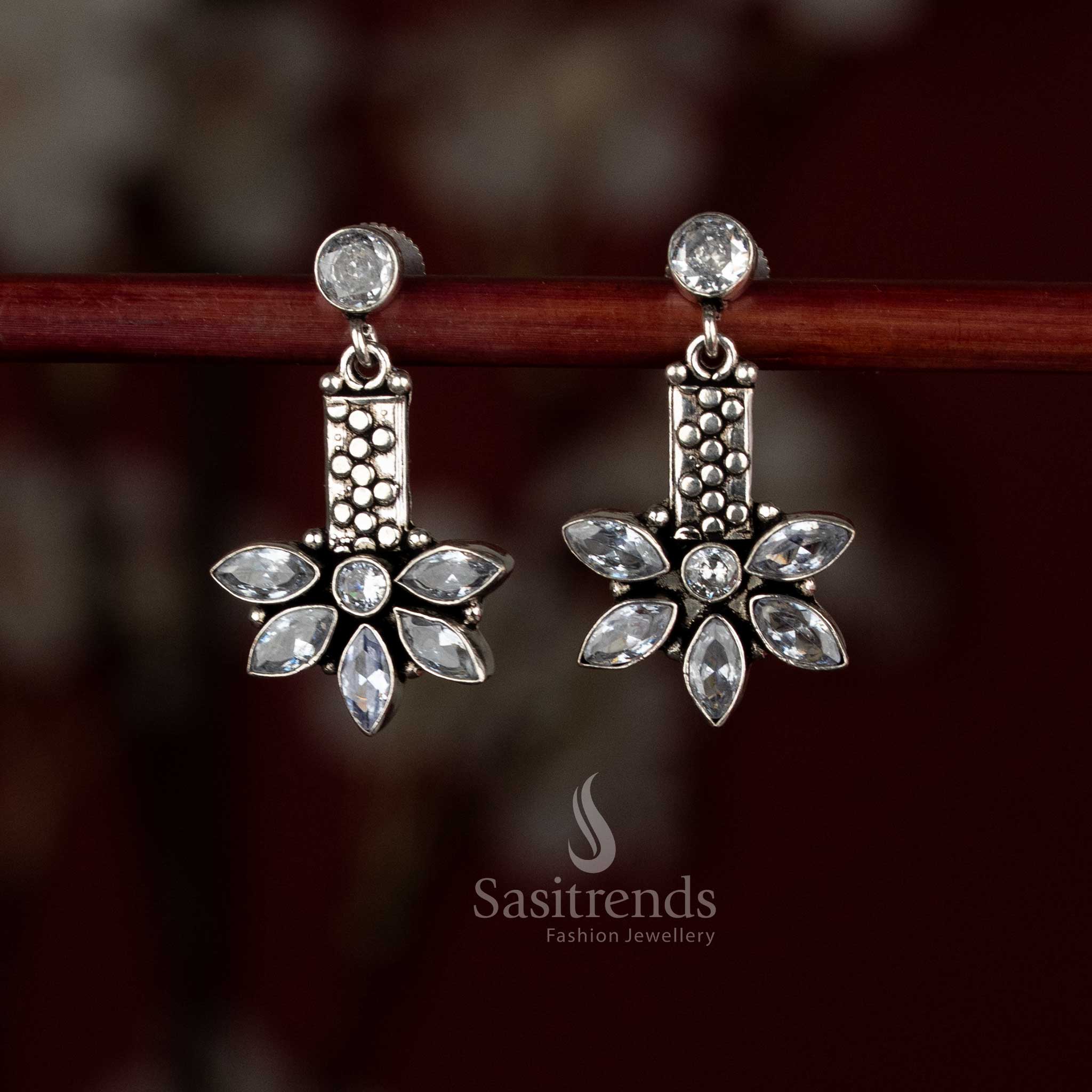 Ivory white oxidised silver earrings with round tip design and leaf drop detailing – Sasitrends