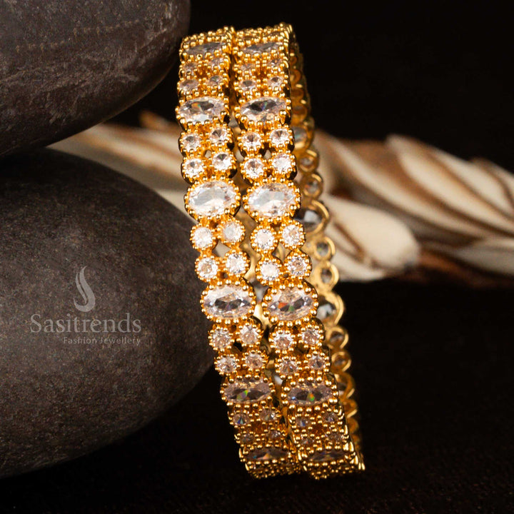 White American diamond bangles set in micro gold coating – a flawless choice for wedding trousseau and elegant Indian jewellery styling by Sasitrends
