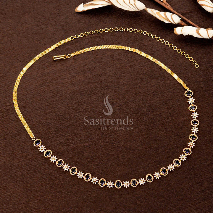 Majestic purple American diamond gold-plated hip belt featuring a dazzling oval stone, elegant floral designs, and a royal finish—perfect for sarees and festive styling - Sasitrends