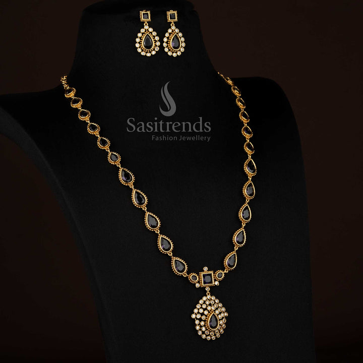 Stylish purple American Diamond matte gold plated teardrop stone long necklace for festive occasion wear - Sasitrends