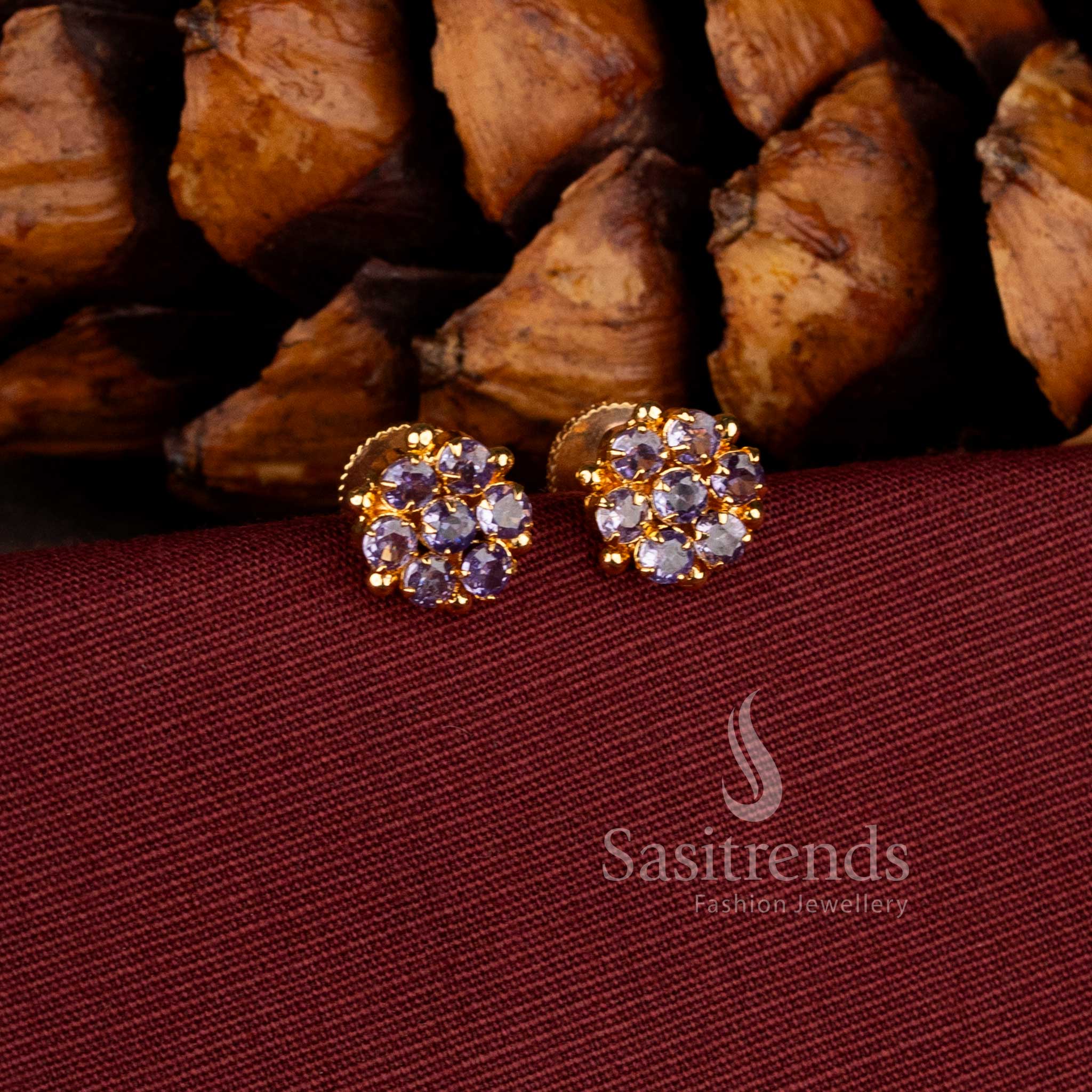 Elegant micro gold plated floral stud earrings with Lavender stones and American diamonds for women by Sasitrends