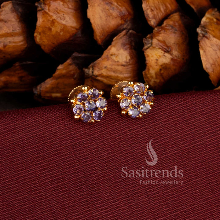 Elegant micro gold plated floral stud earrings with Lavender stones and American diamonds for women by Sasitrends