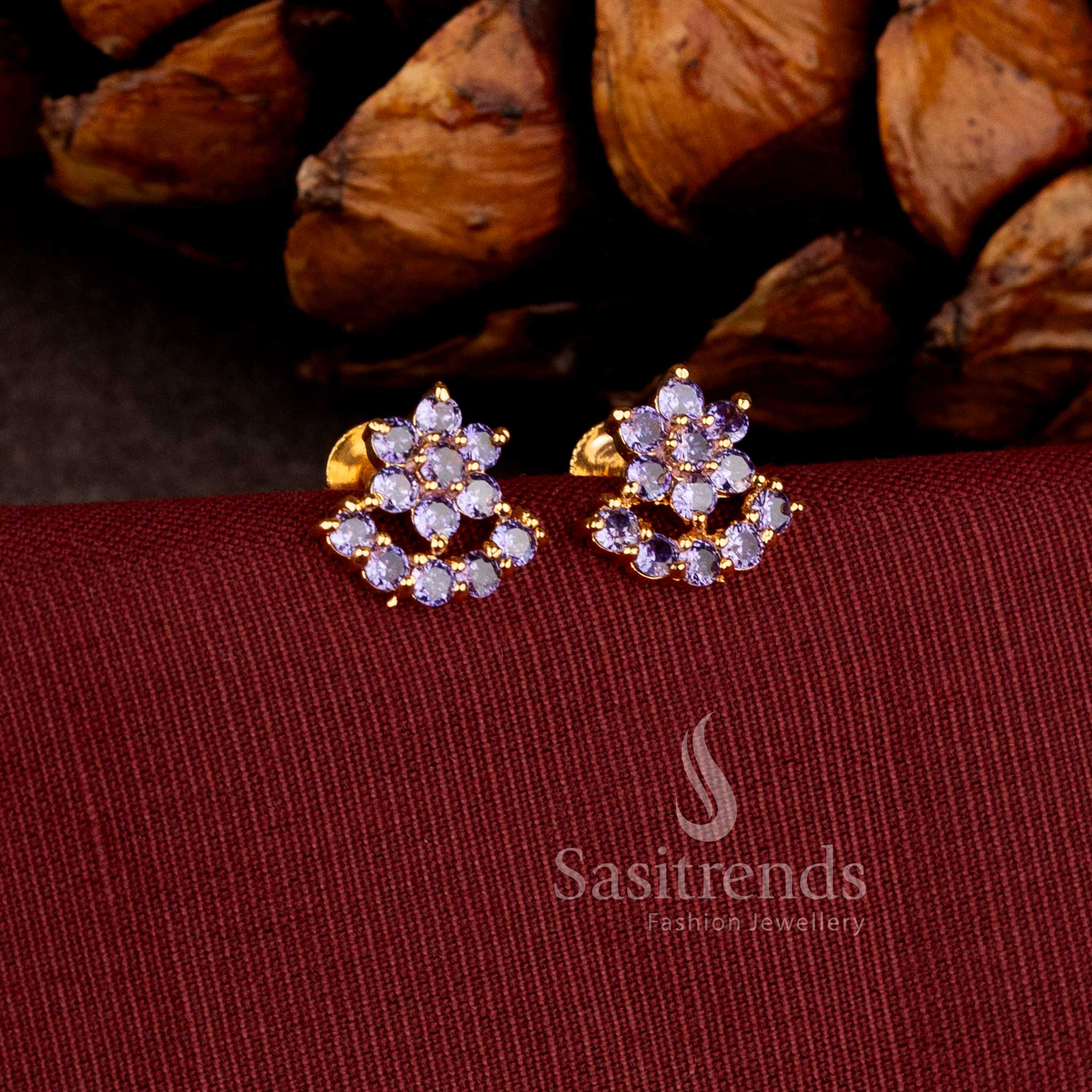 Traditional Floral and Half-Moon Earrings with Purple Stones in Gold Finish