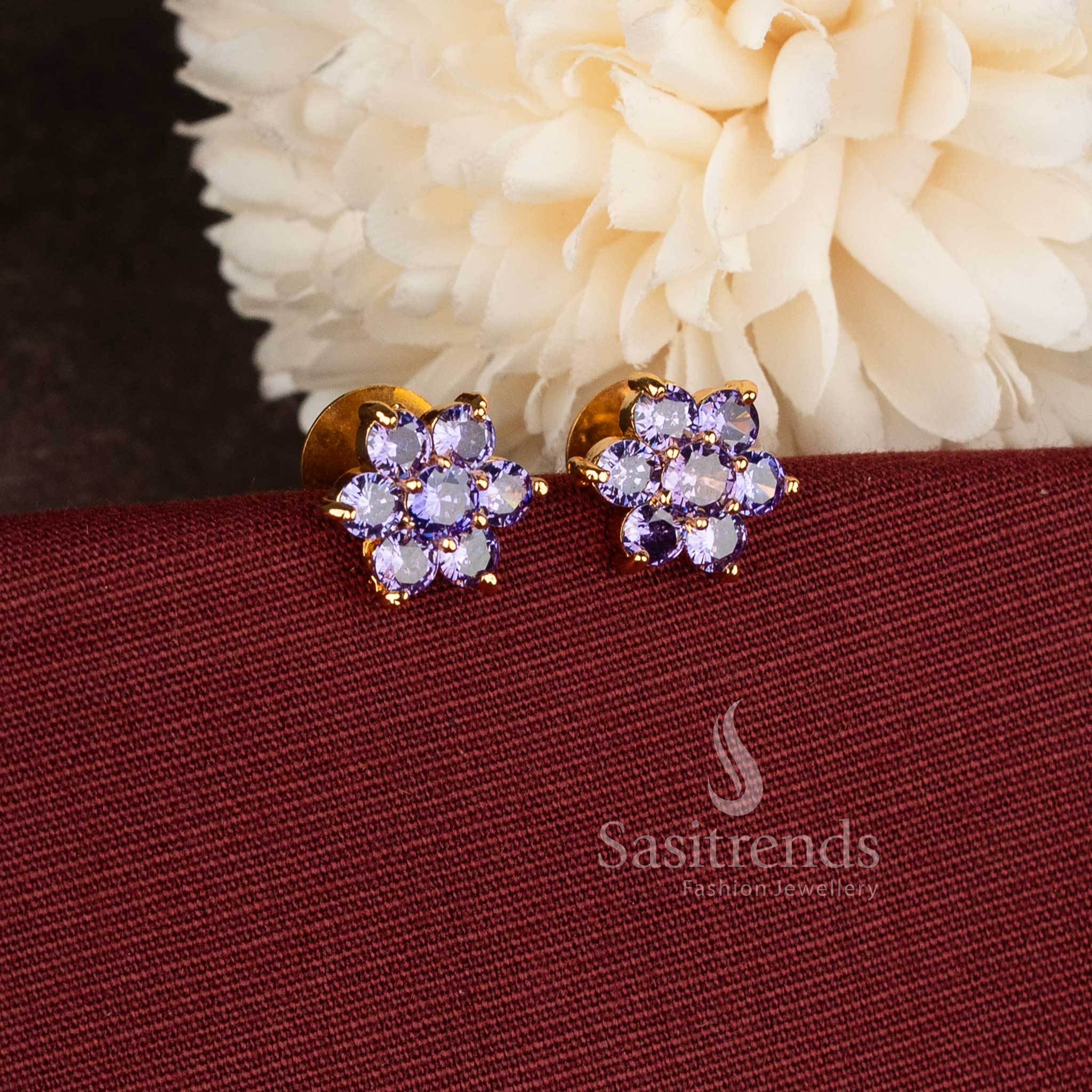 Heritage purple micro gold plated round AD stone flower stud earrings with pearl drops designed for graceful occasions and meaningful presents – Sasitrends