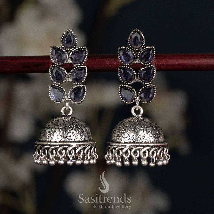 Royal purple oxidised petal cluster stud jhumka earrings with textured dome for cultural celebrations - Sasitrends
