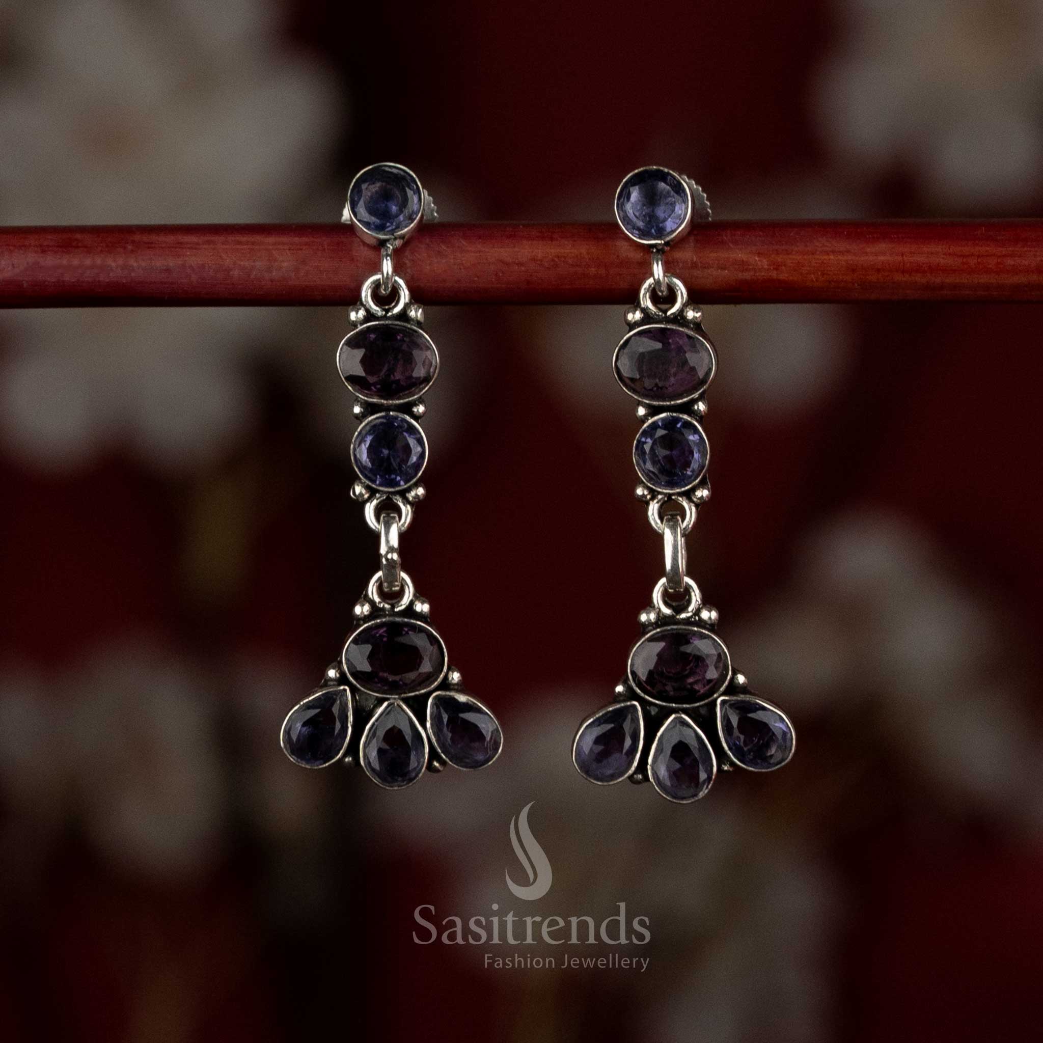 Purple oxidised silver earrings featuring ornate stacked floral layers arranged vertically – Sasitrends