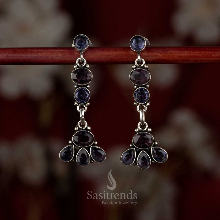 Purple oxidised silver earrings featuring ornate stacked floral layers arranged vertically – Sasitrends