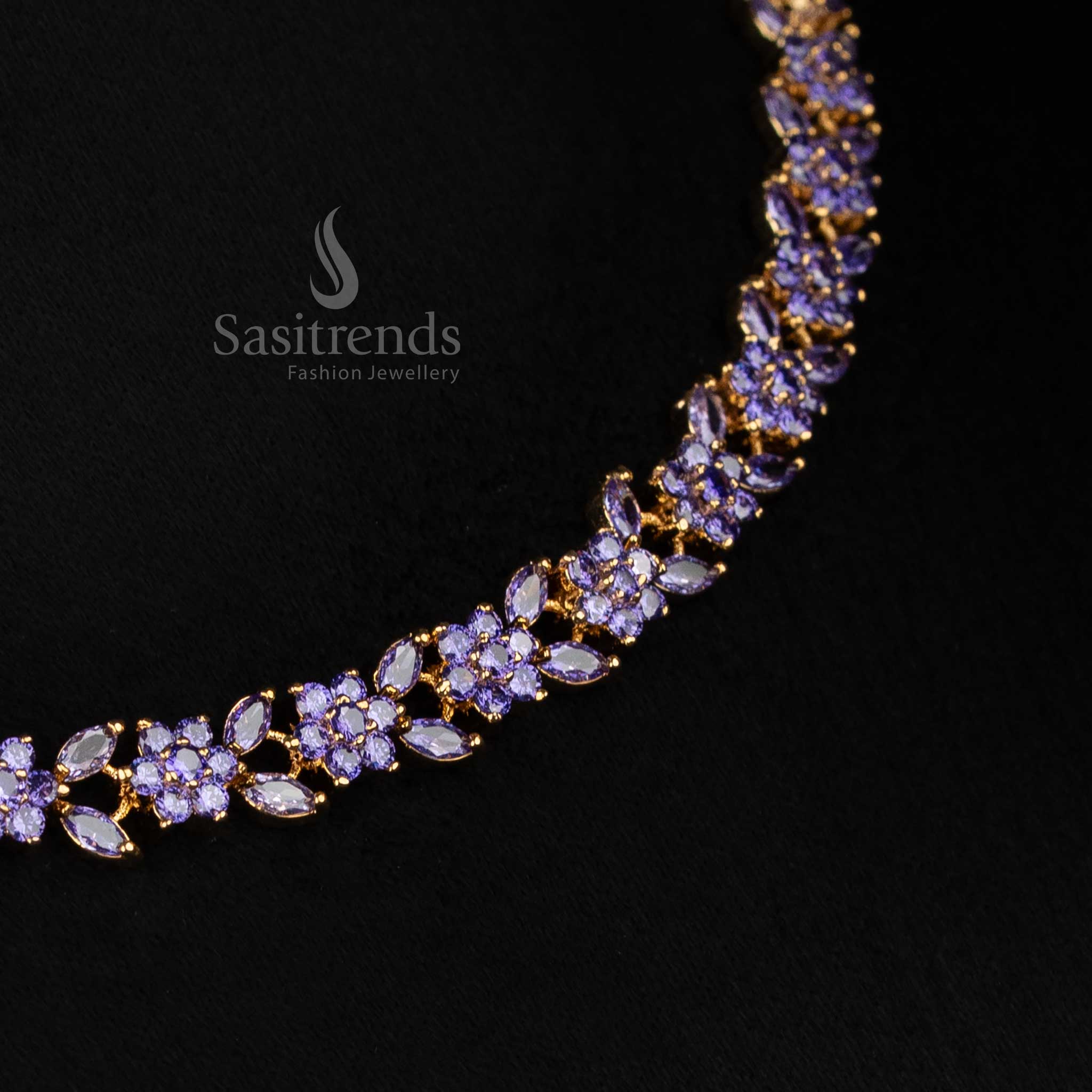 Purple LavenderGleam American diamond micro gold plated flower motif necklace set perfect for celebration nights and fashionable outings - Sasitrends