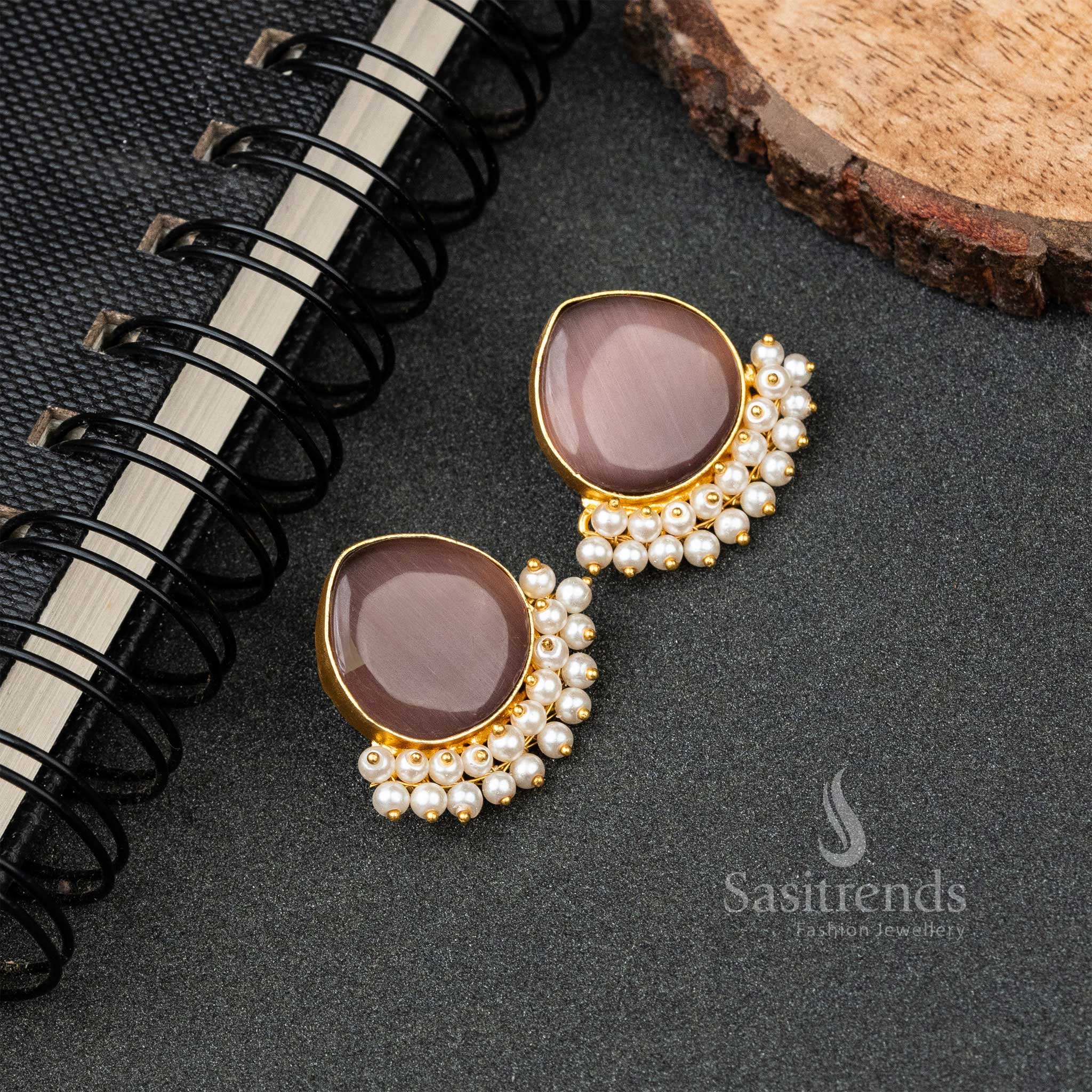 Stylish Gold Plated Pearl Hanging Monalisa Stone Studded Earrings