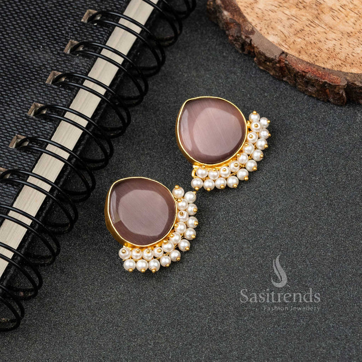 Stylish Gold Plated Pearl Hanging Monalisa Stone Studded Earrings
