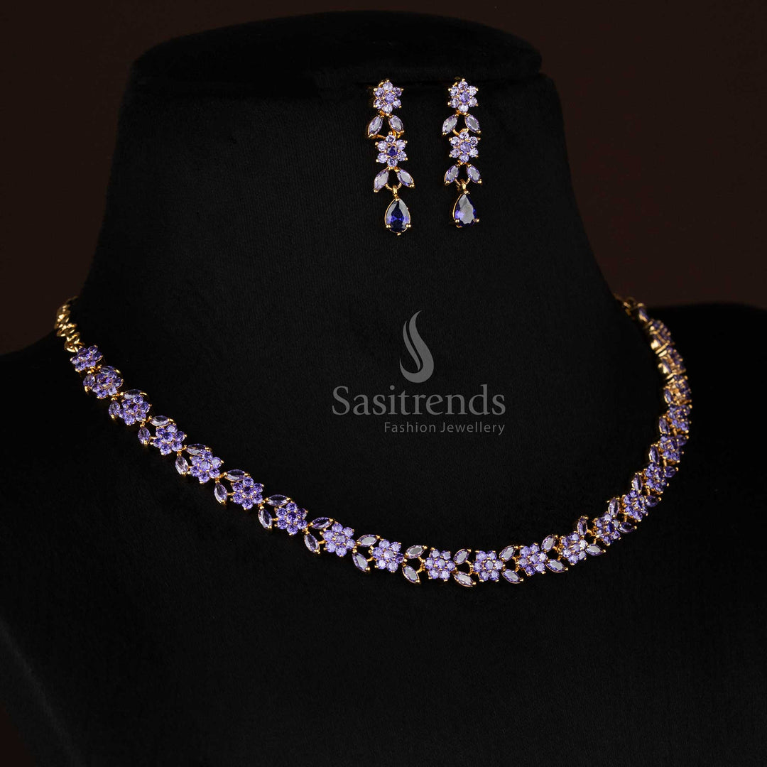 Purple AmethystRadiance American diamond micro gold plated floral chain necklace set designed for stylish nights and elegant social gatherings - Sasitrends