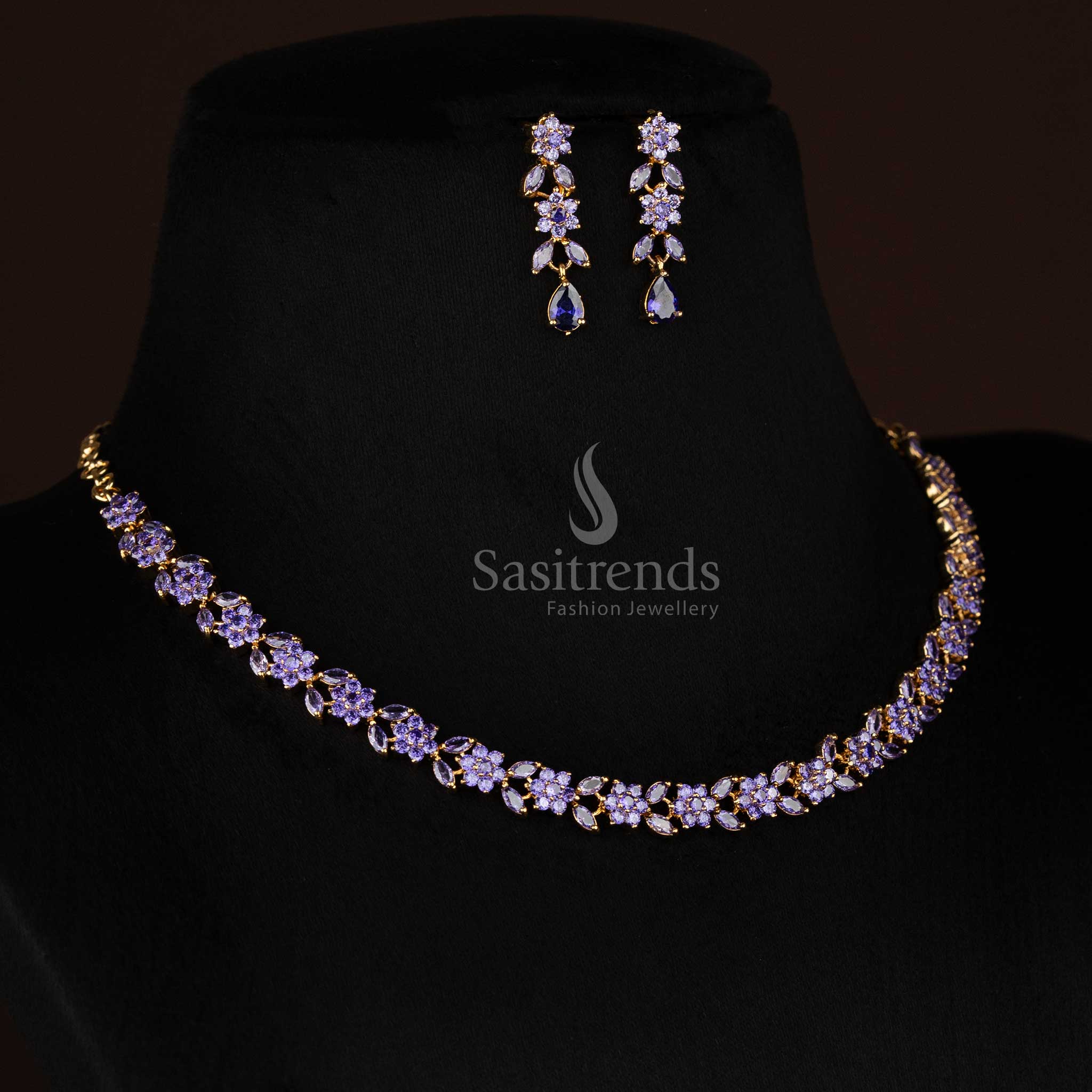 Purple AmethystRadiance American diamond micro gold plated floral chain necklace set designed for stylish nights and elegant social gatherings - Sasitrends