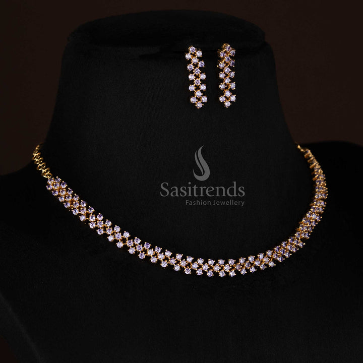 Elegant American Diamond Micro Gold Plated Zig-Zag Cut Necklace Set for Party Evenings & Stylish Gatherings