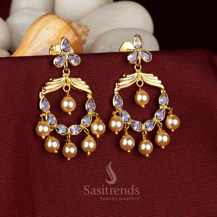 Royal purple Kundan AD crescent earrings highlighted with ornamental pearls for elevated evening charm and designer saree glamour – Sasitrends