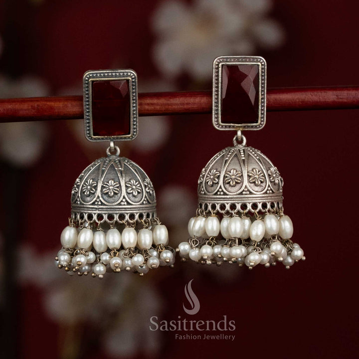 Wine radiance antique oxidised 92.5 silver rectangular stud floral dome jhumka earrings with monalisa stones and rice pearls for party wear - jewellery - Sasitrends