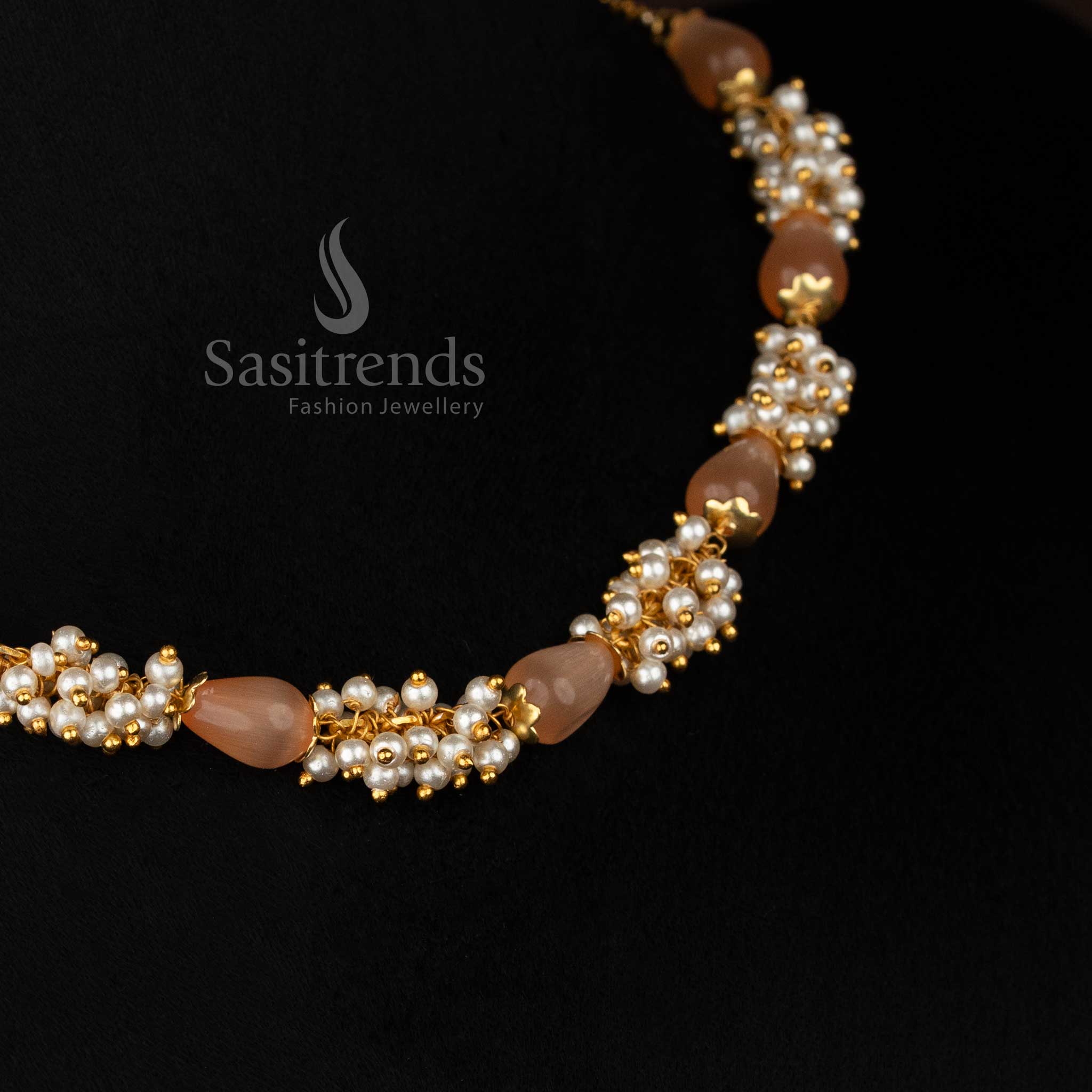 Vivid micro gold plated orange beads pearl cluster mala necklace ideal for festival seasons and celebratory dressing-Sasitrends