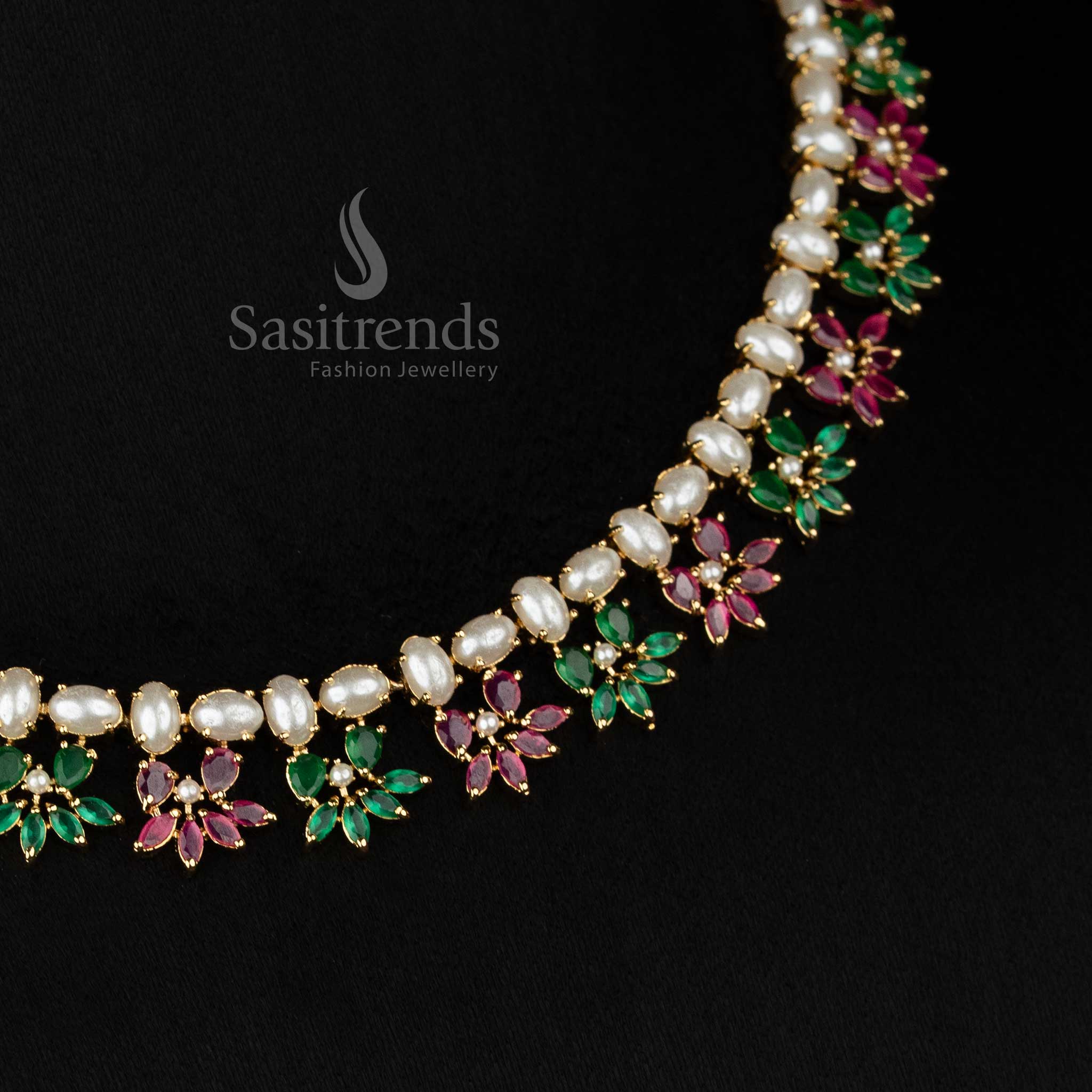LuxePetaline micro gold plated pearl ruby green oval floral leaf cluster necklace set ideal for celebration evenings - Sasitrends