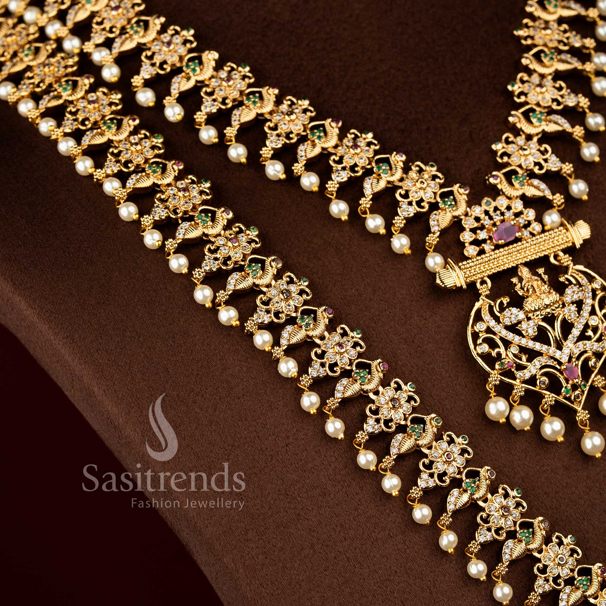 Lakshmi and peacock floral filigree short and long necklace decorated with multi colour American diamond stones – Sasitrends