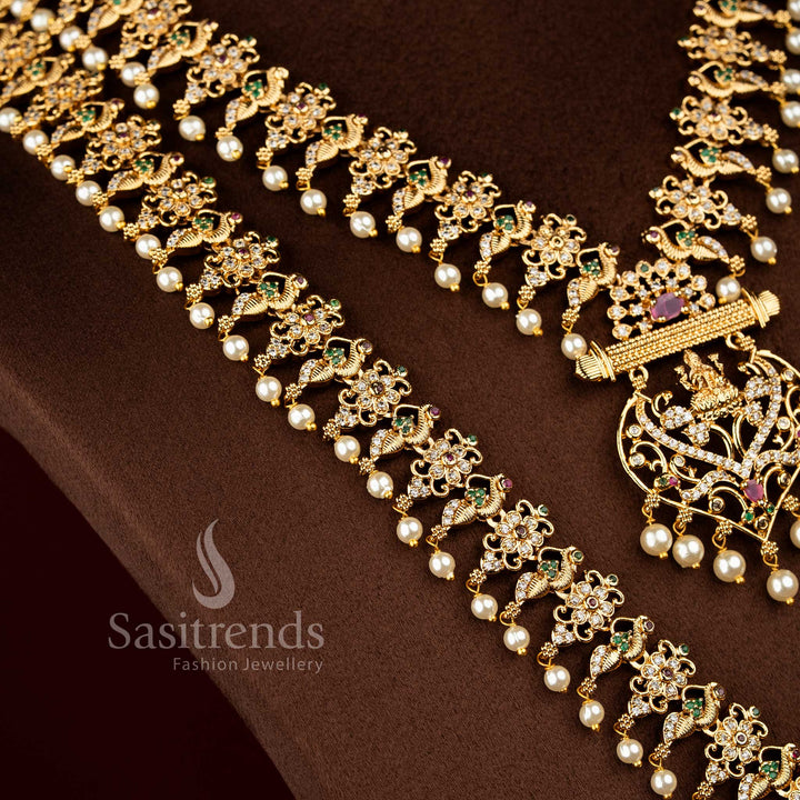 Lakshmi and peacock floral filigree short and long necklace decorated with multi colour American diamond stones – Sasitrends