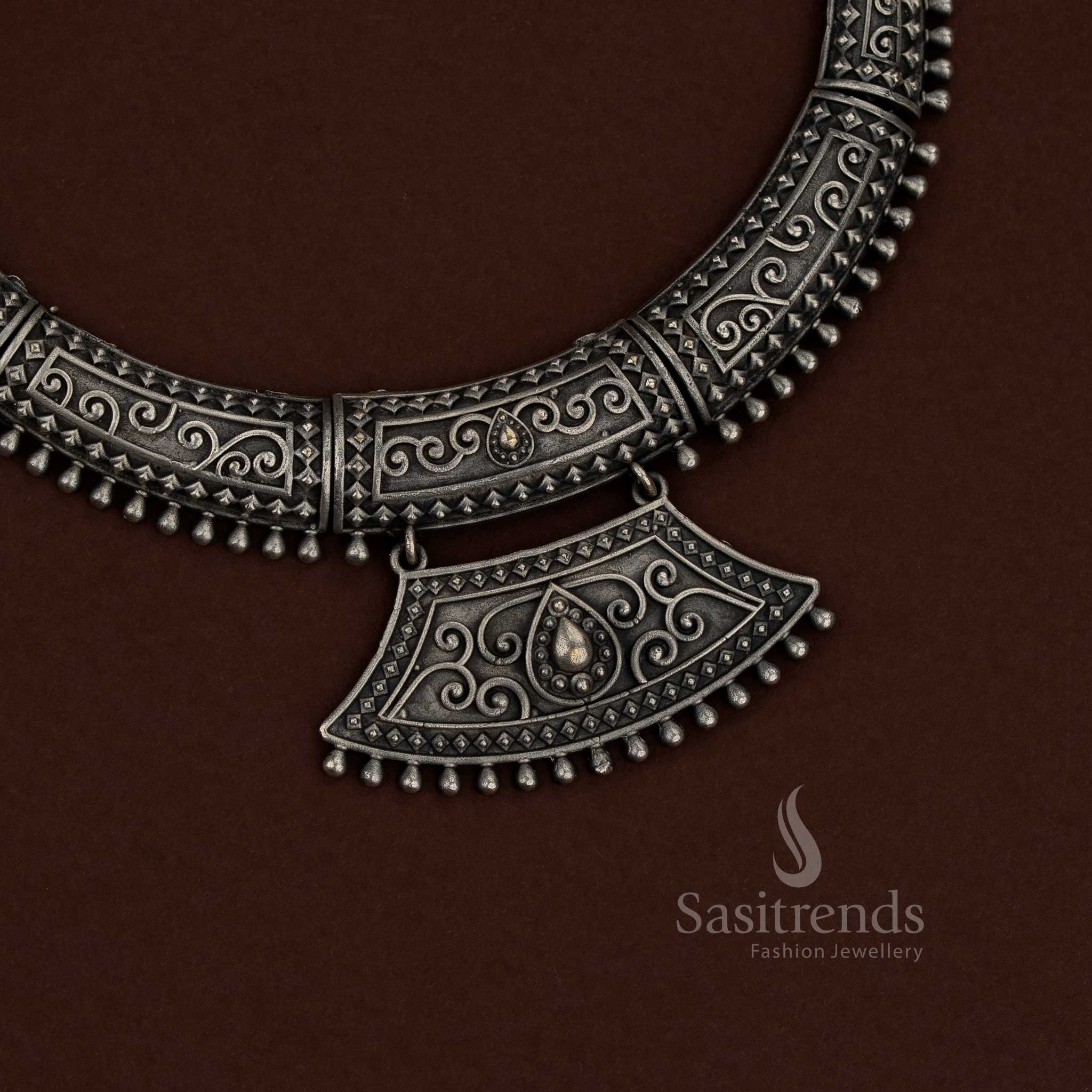 Pristine 92.5 Silver Oxidised Plated Floral Tribal Husli Necklace Jewellery Set traditional folk functions Sasitrends