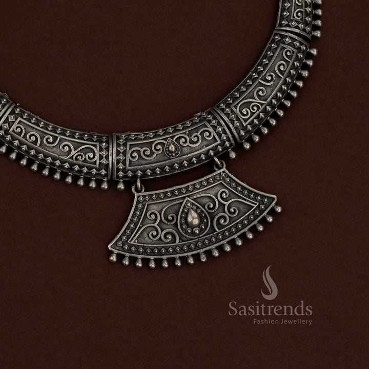 Pristine 92.5 Silver Oxidised Plated Floral Tribal Husli Necklace Jewellery Set traditional folk functions Sasitrends