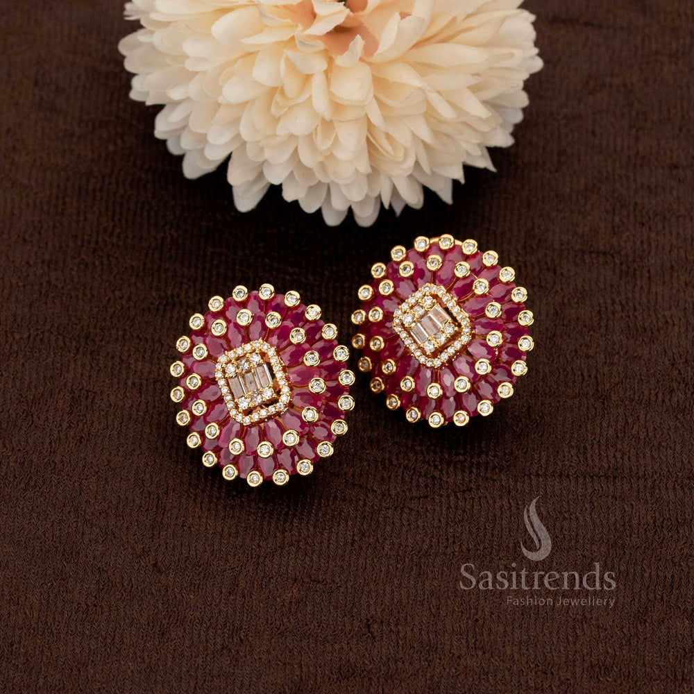 Opulent floral stud earrings in rich ruby tones with shimmering American diamond accents designed to complement bridal and ethnic outfits – Sasitrends
