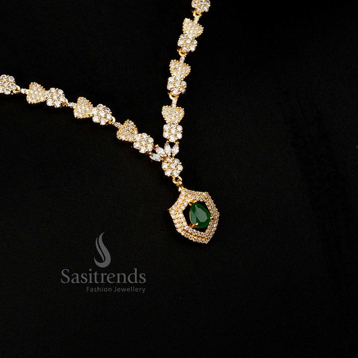 American Diamond gold plated heart and floral green necklace with teardrop pendant ideal for wedding celebrations – Sasitrends