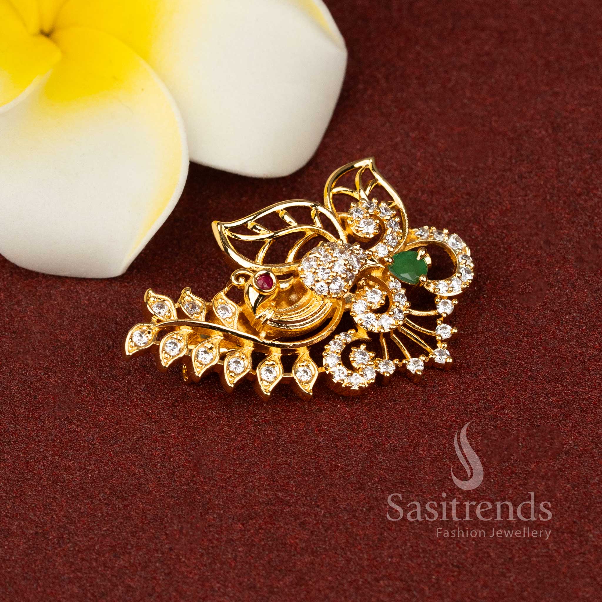 Graceful Multi Color American Diamond Leaf Floral Peacock Saree Pin with Micro Gold Finish, Crafted for Elegant Bridal and Festive Jewellery Styling – Sasitrends