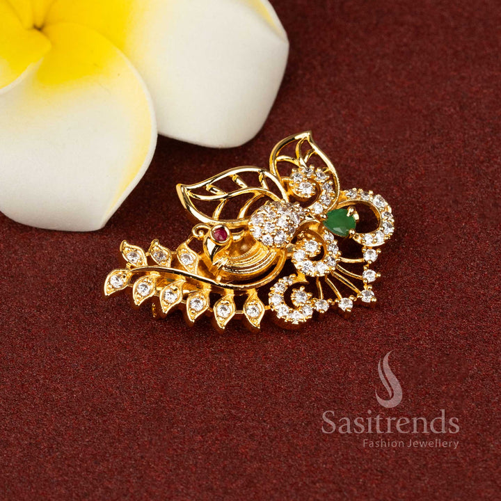Graceful Multi Color American Diamond Leaf Floral Peacock Saree Pin with Micro Gold Finish, Crafted for Elegant Bridal and Festive Jewellery Styling – Sasitrends