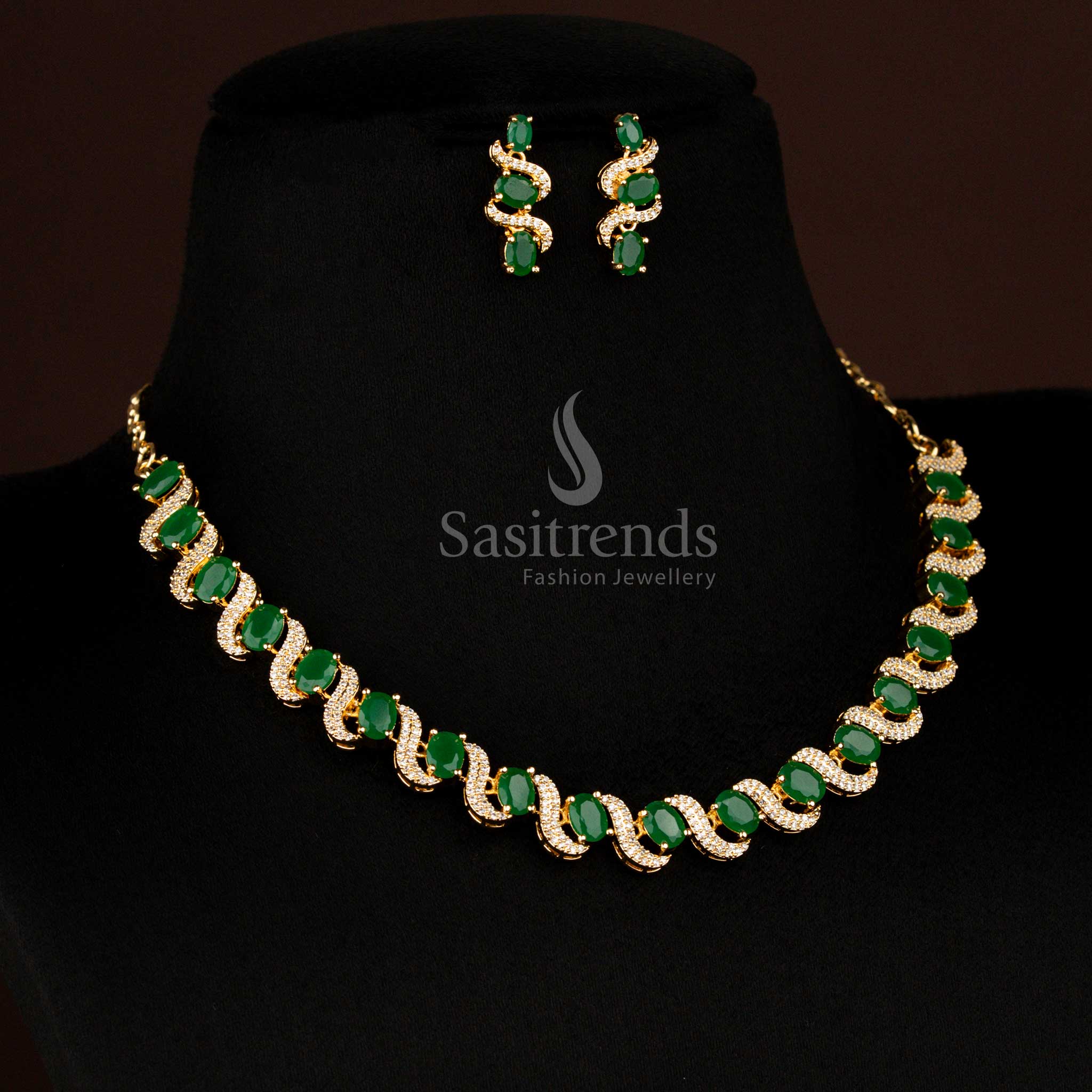 Elegant American Diamond micro gold plated S-Curve white-green necklace featuring oval stones, perfect for party luxury and stylish evenings – Sasitrends
