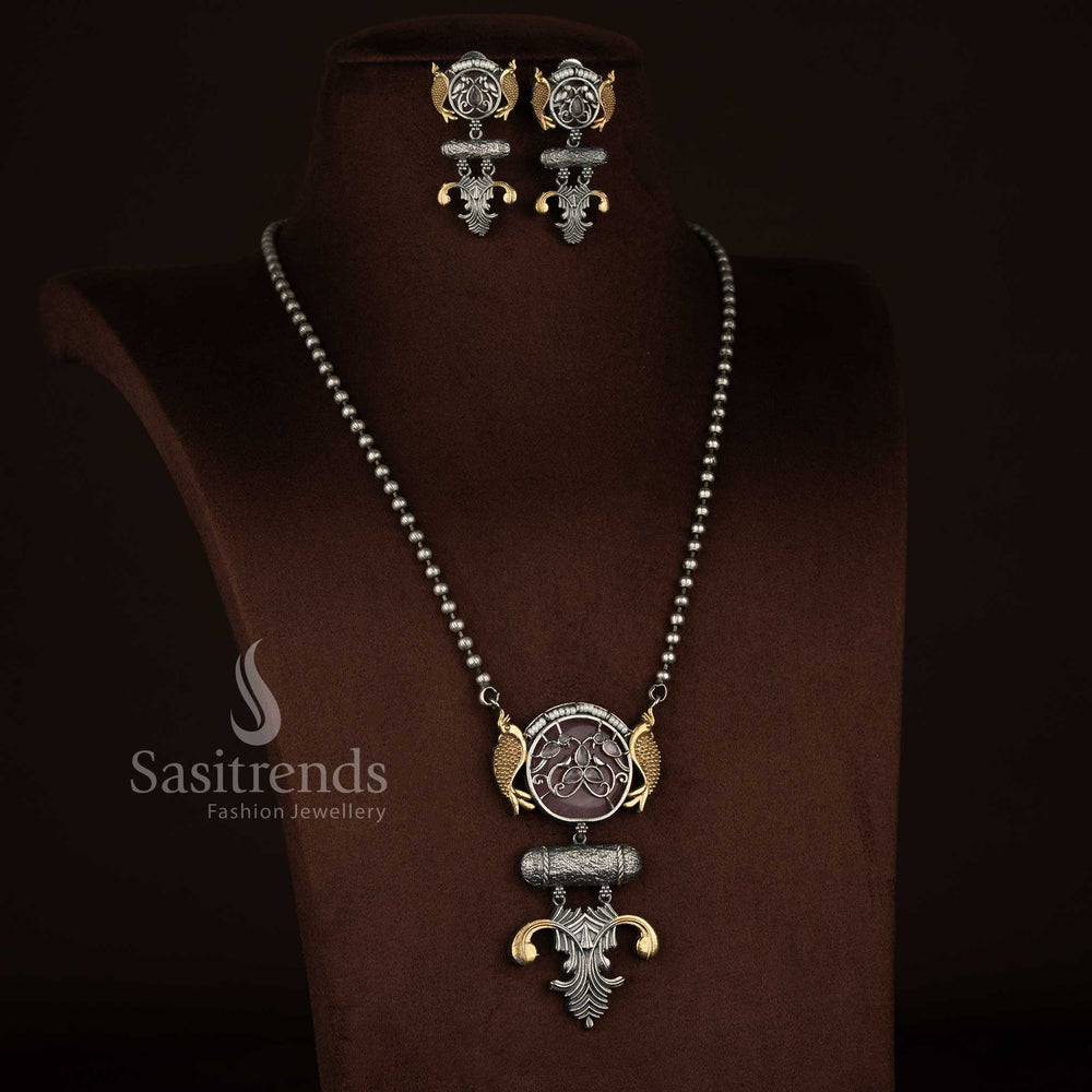 Radiant Antique Oxidised 92.5 Silver Plated Dual Fish Circular Medallion Pendant Long Necklace Jewellery Set with Cylindrical Bar Bead Chain pink colour for festive get togethers Sasitrends